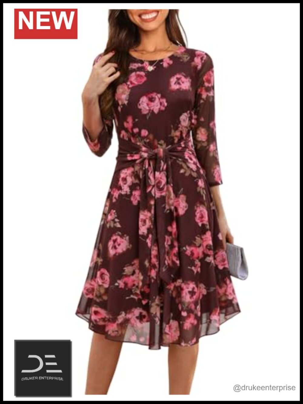 Zattcas Womens 3/4 Sleeve Mesh Floral Midi Dress